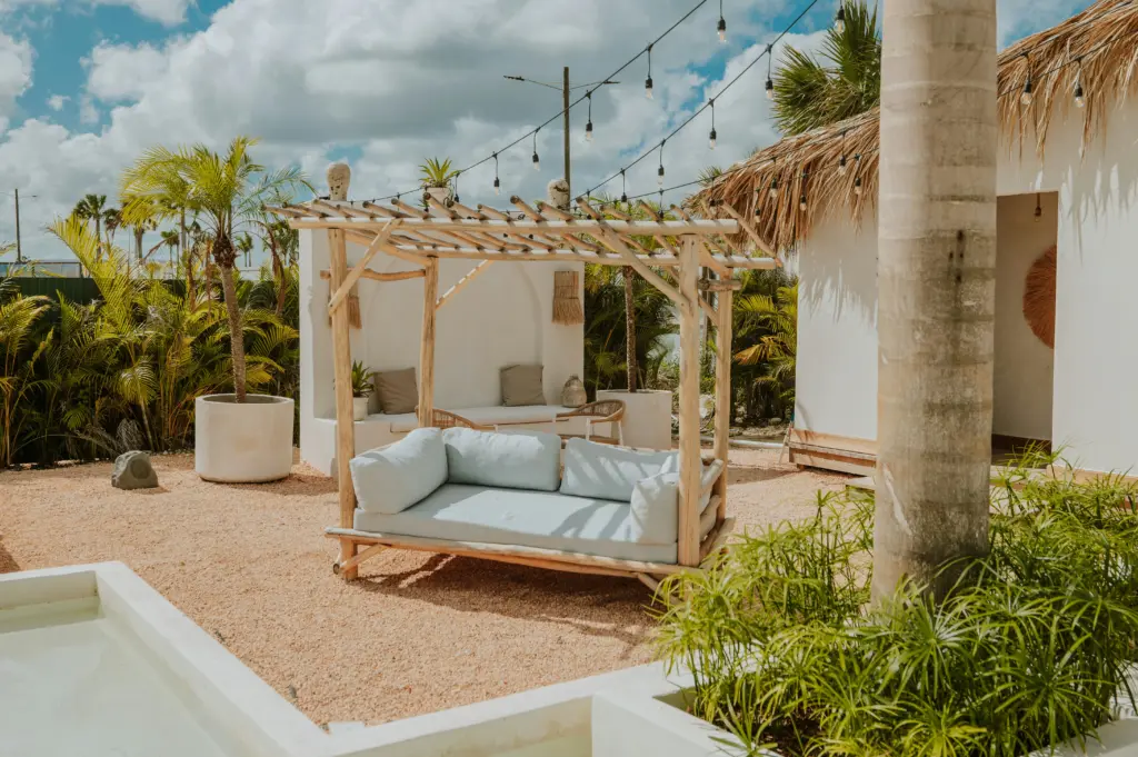 Wooden outdoor furniture on a tropical resort
